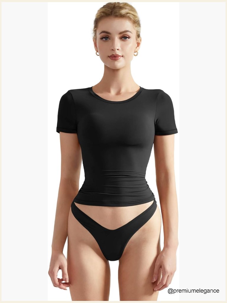 Double Lined Fitted Basic Tee Crew Neck Short Sleeve Crop Top